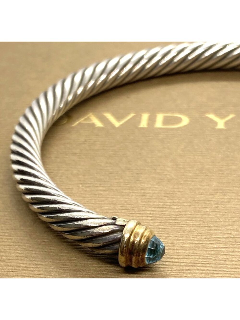 David Yurman Sterling Silver 925 Gold 5mm Cable Cuff Bracelet Blue Stone - Picture 5 of 16